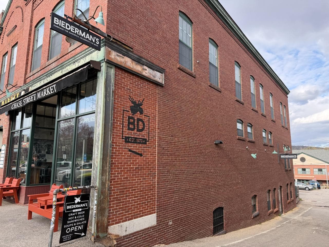 Biedermann's Deli & Pub brick storefront in downtown Plymouth, New Hampshire