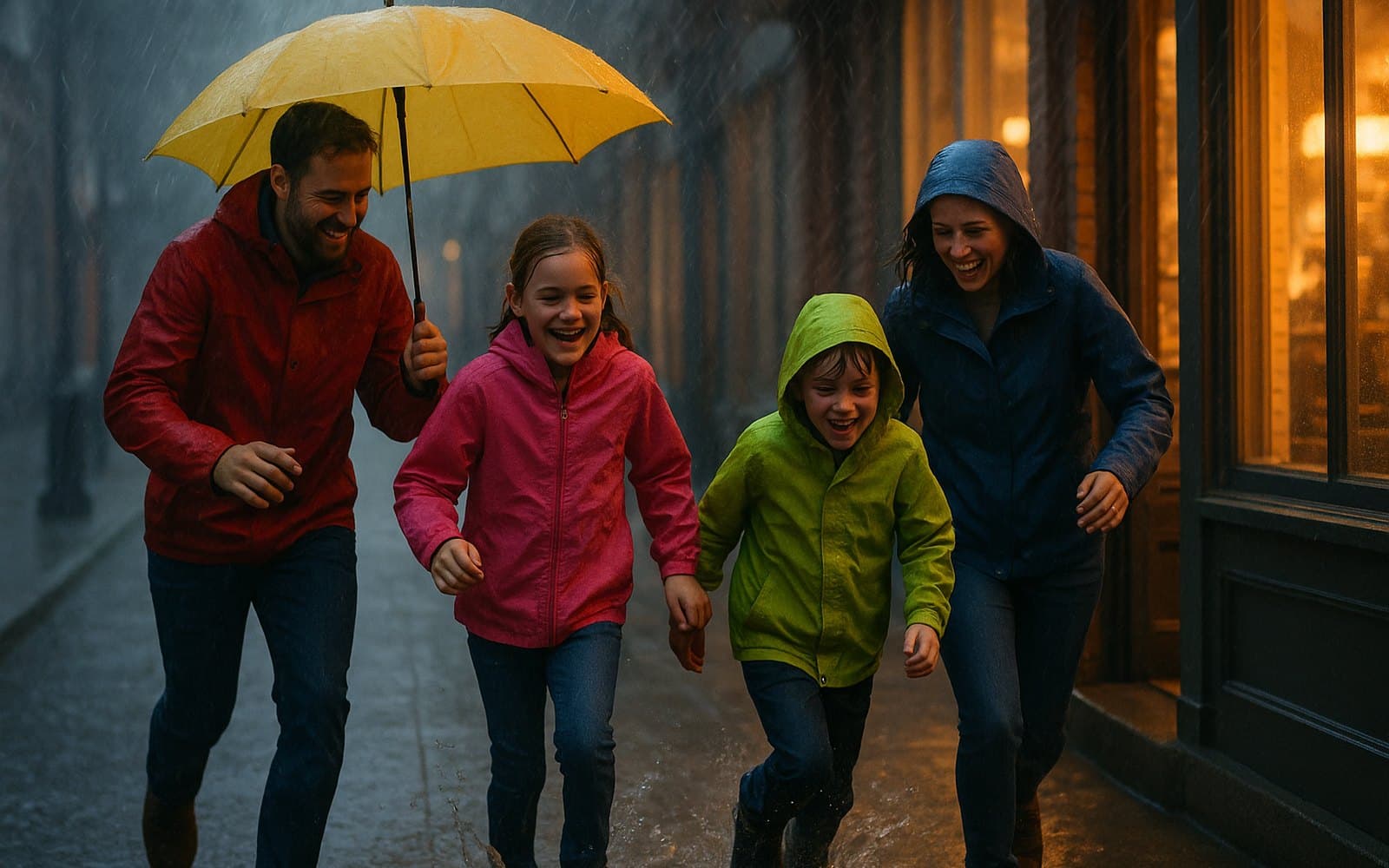 Family running through a heavy rainstorm toward indoor lights on a generic small-town sidewalk