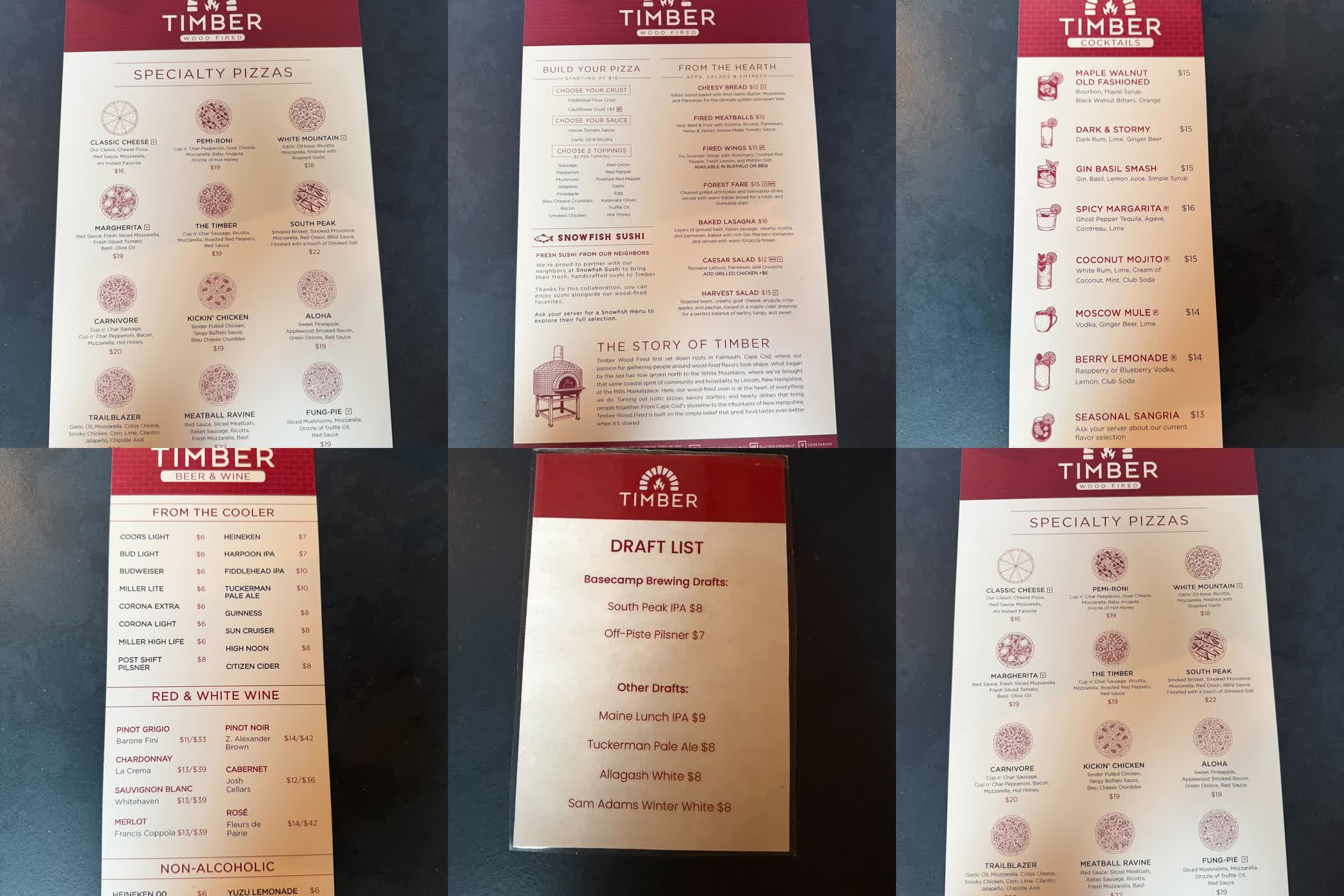 Clustered Timber menu shots including specialty pizzas, build-your-own options, cocktails, beer, and wine