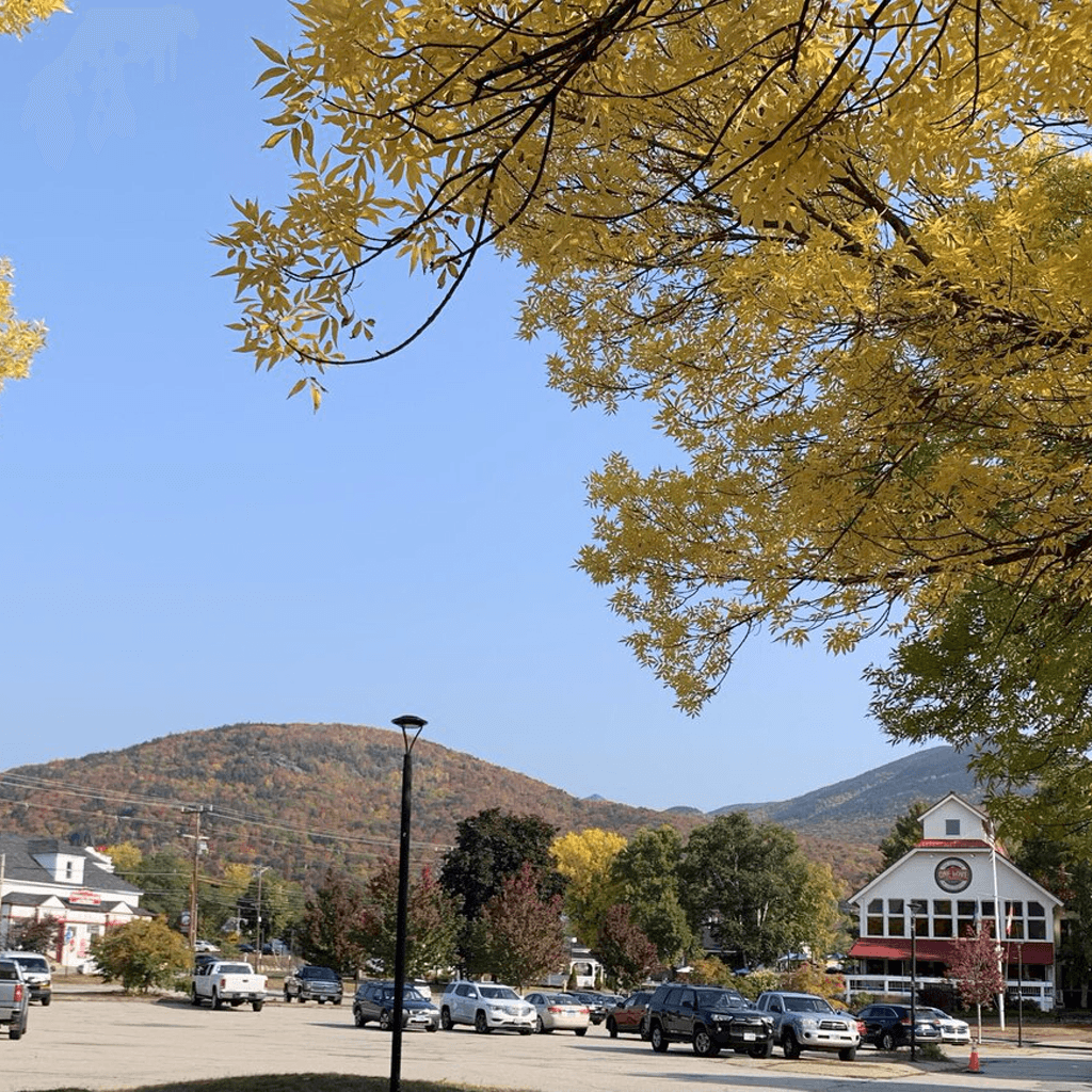 Local storefronts and cafes in a White Mountains town