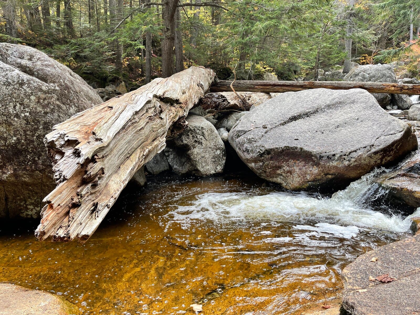 Mountain creek flowing over boulders with spring snowmelt in the White Mountains