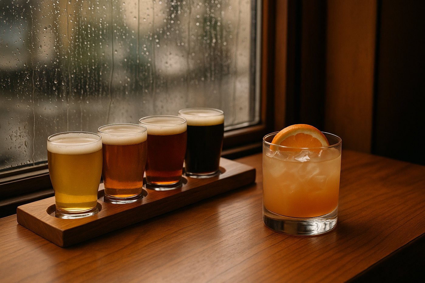 Beer flight and cocktail beside a rain-streaked window for an adult rainy-day stop