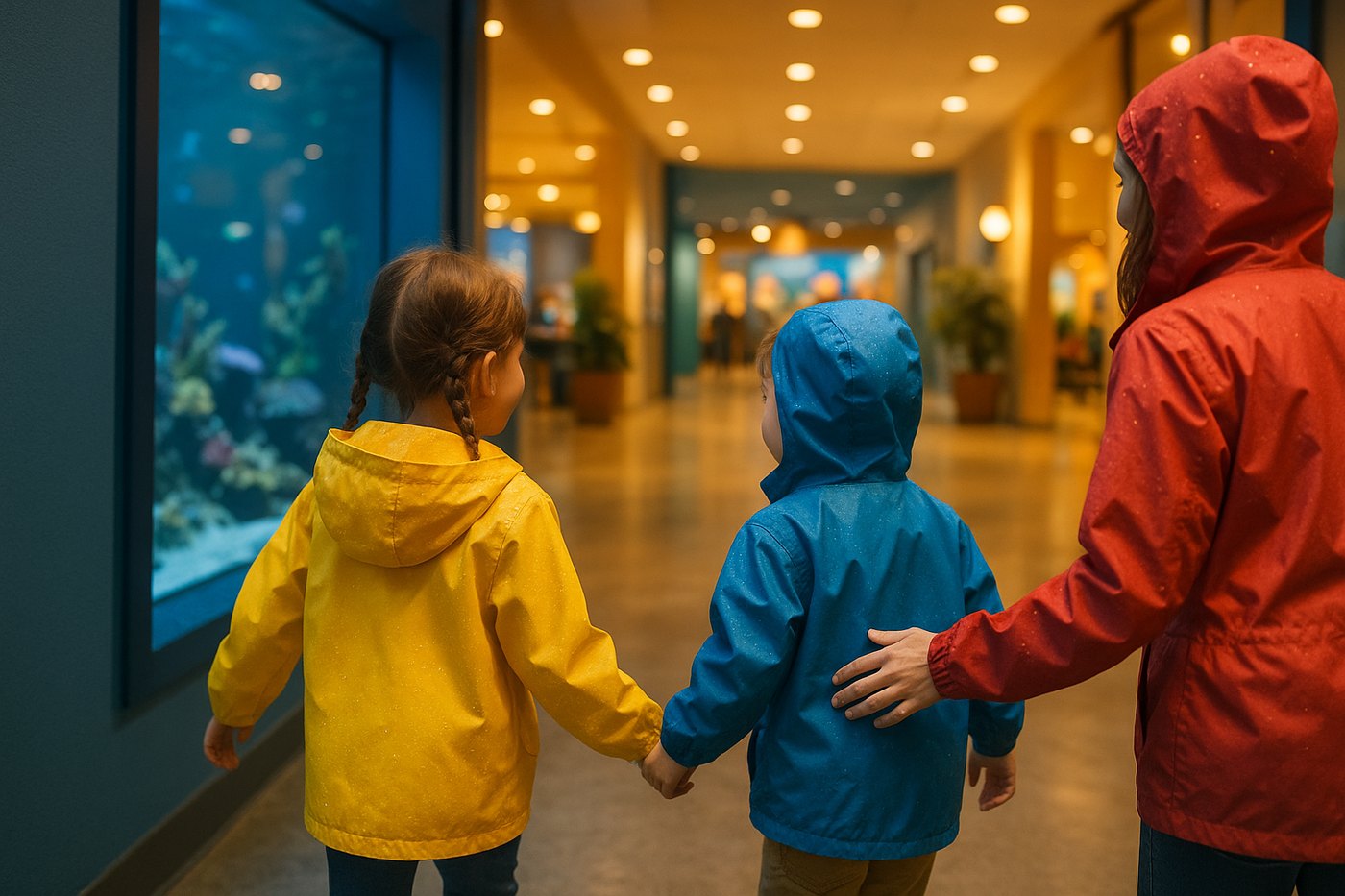 Kids in rain jackets walking into a warm indoor aquarium on a rainy day