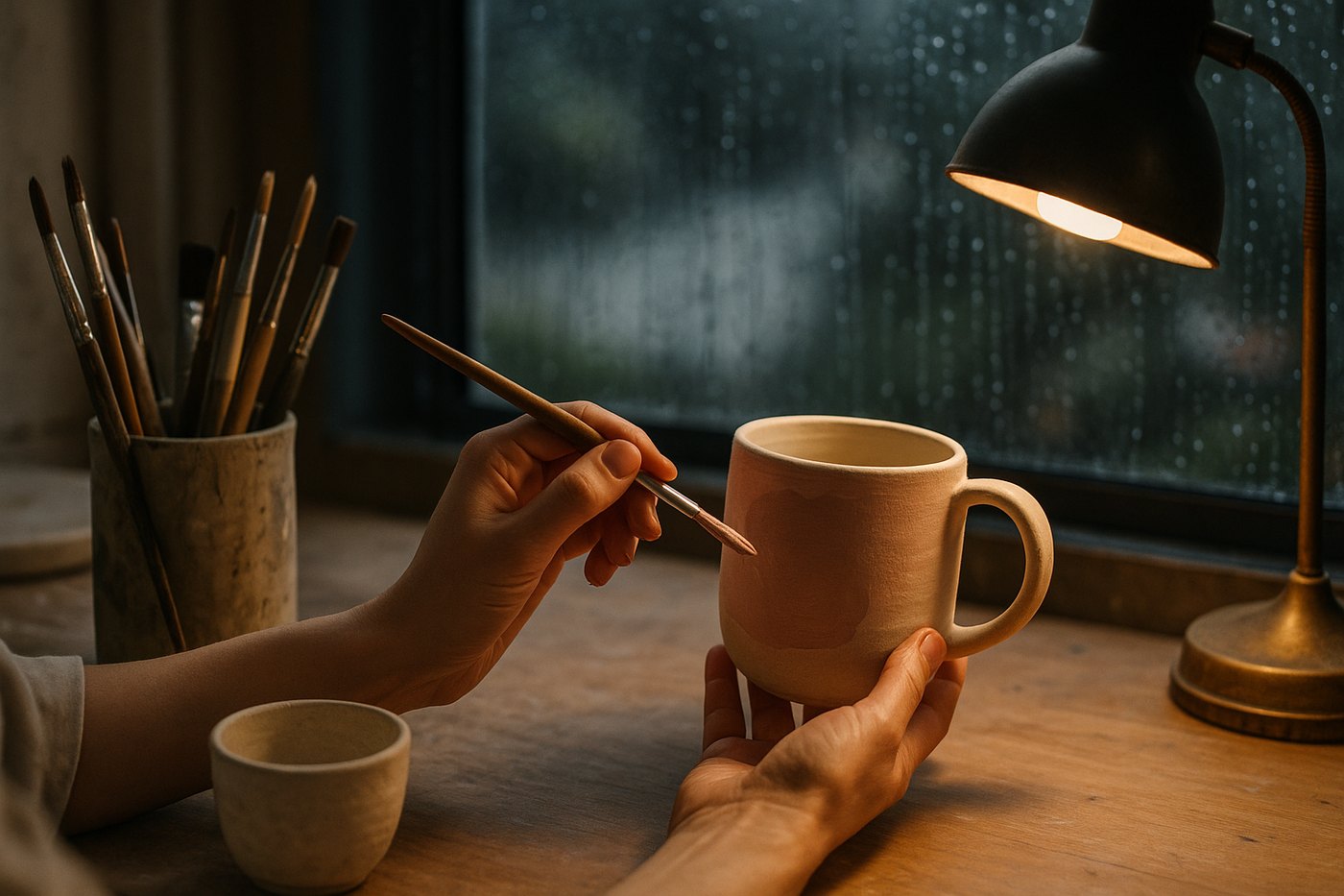 Hands painting a ceramic mug beside a rain-streaked window